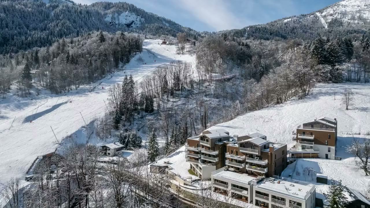 Aerial view of Apartment Leo and the Les Houches pistes in winter